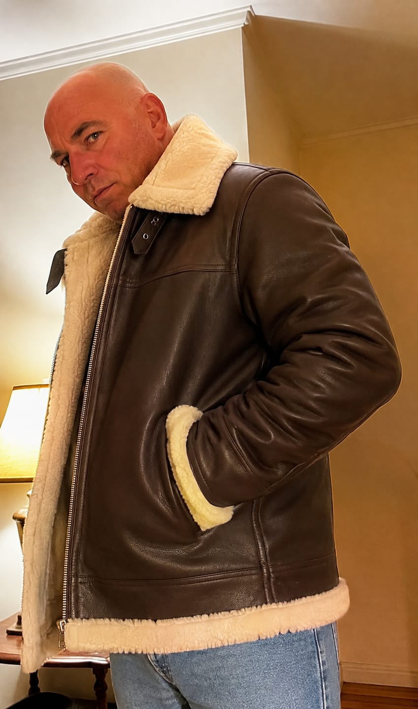 Customer photo review of Theodore Pantone Brown B3 Bomber Shearling Leather Jacket For Men