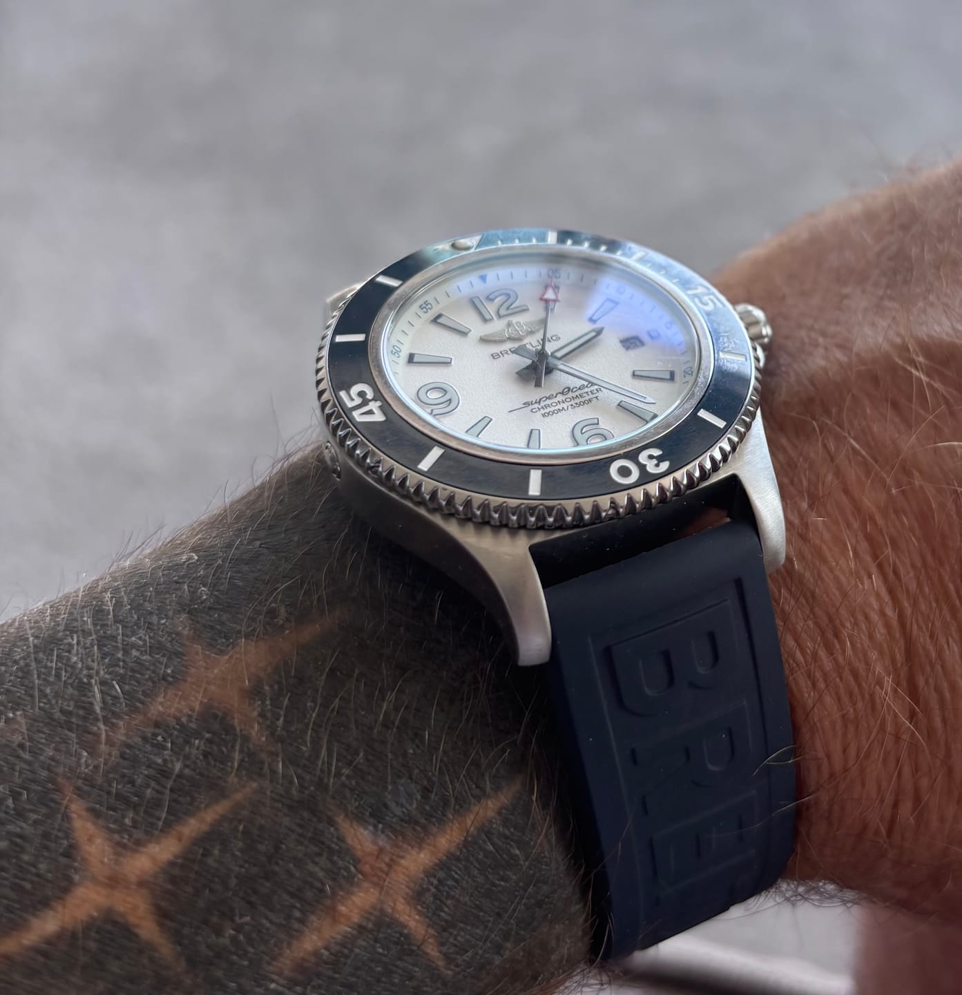 Customer photo review of SUPER OCEAN 42 BLUE BEZEL WHITE DIAL RUBBER STRAP