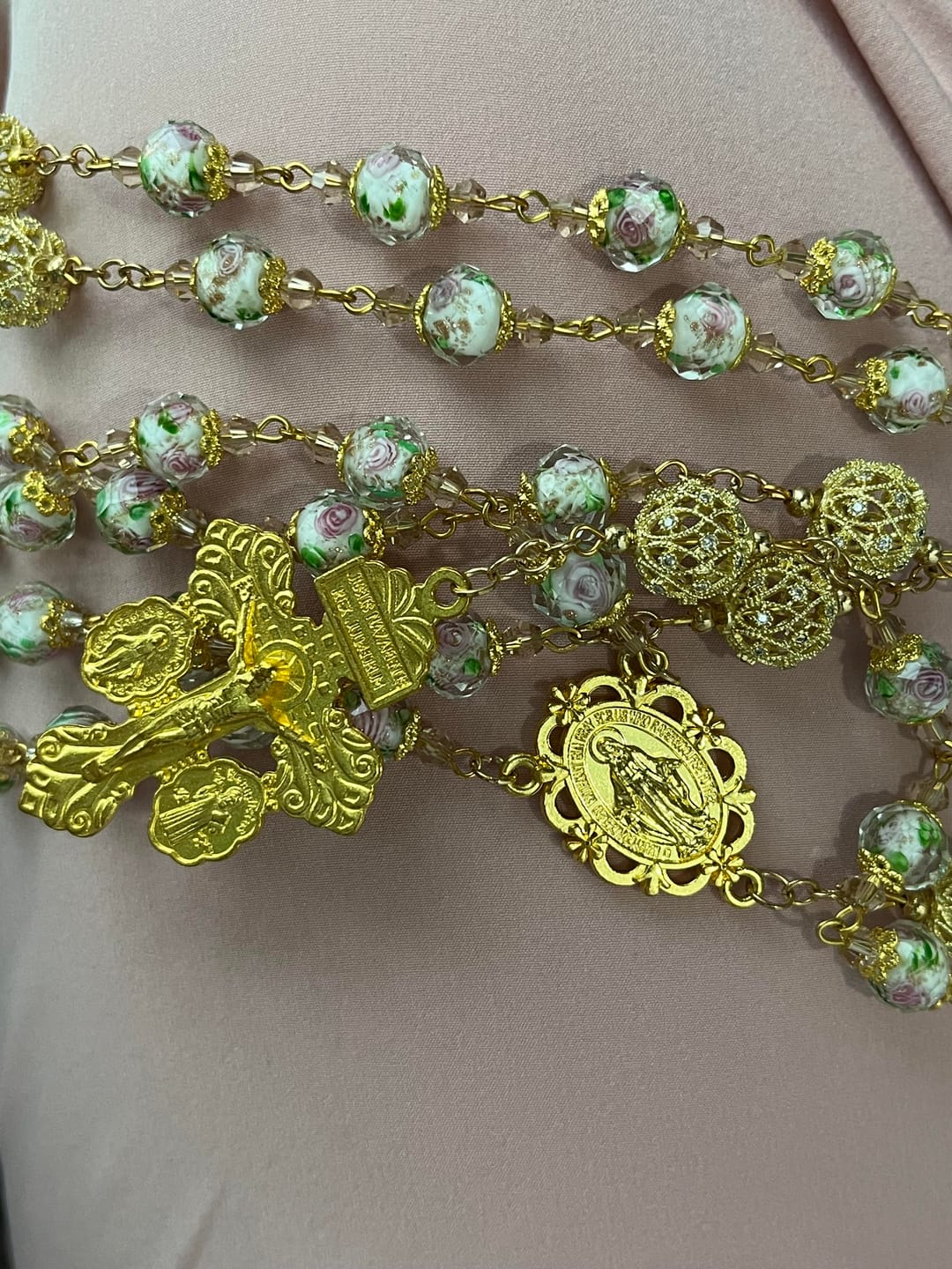 Customer photo review of SolaceBeads White Floral Lampwork Glass Rosary: Grace With Gold Filigree & Miraculous Medal