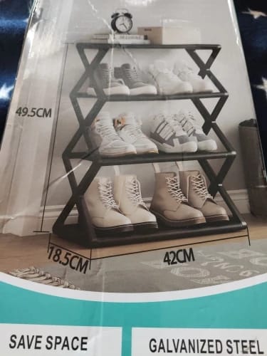 Customer photo review of Four-Tier X-Frame Shoe Rack with Dustproof Shelf Covers