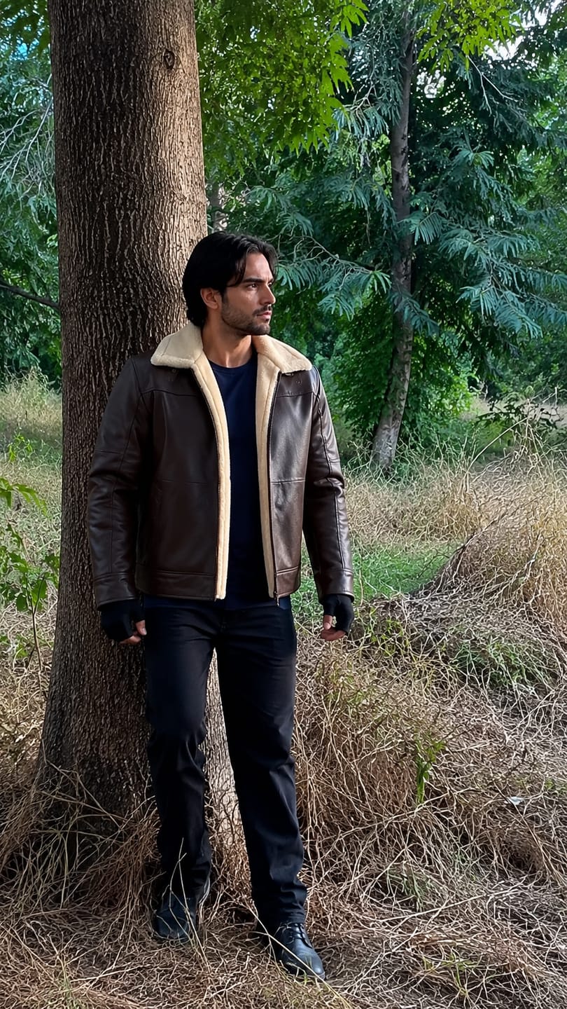 Customer photo review of Theodore Pantone Brown B3 Bomber Shearling Leather Jacket For Men