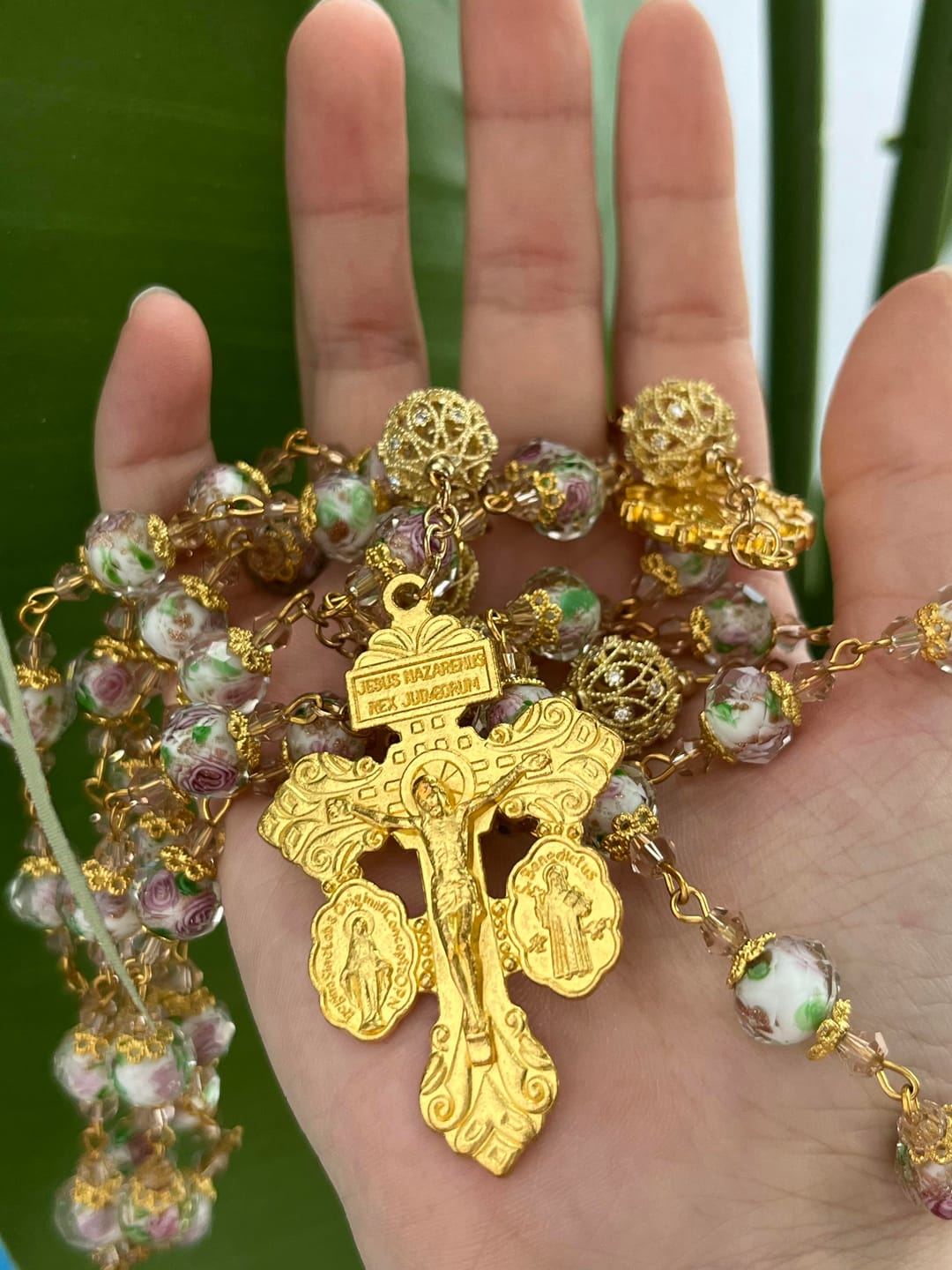 Customer photo review of SolaceBeads White Floral Lampwork Glass Rosary: Grace With Gold Filigree & Miraculous Medal