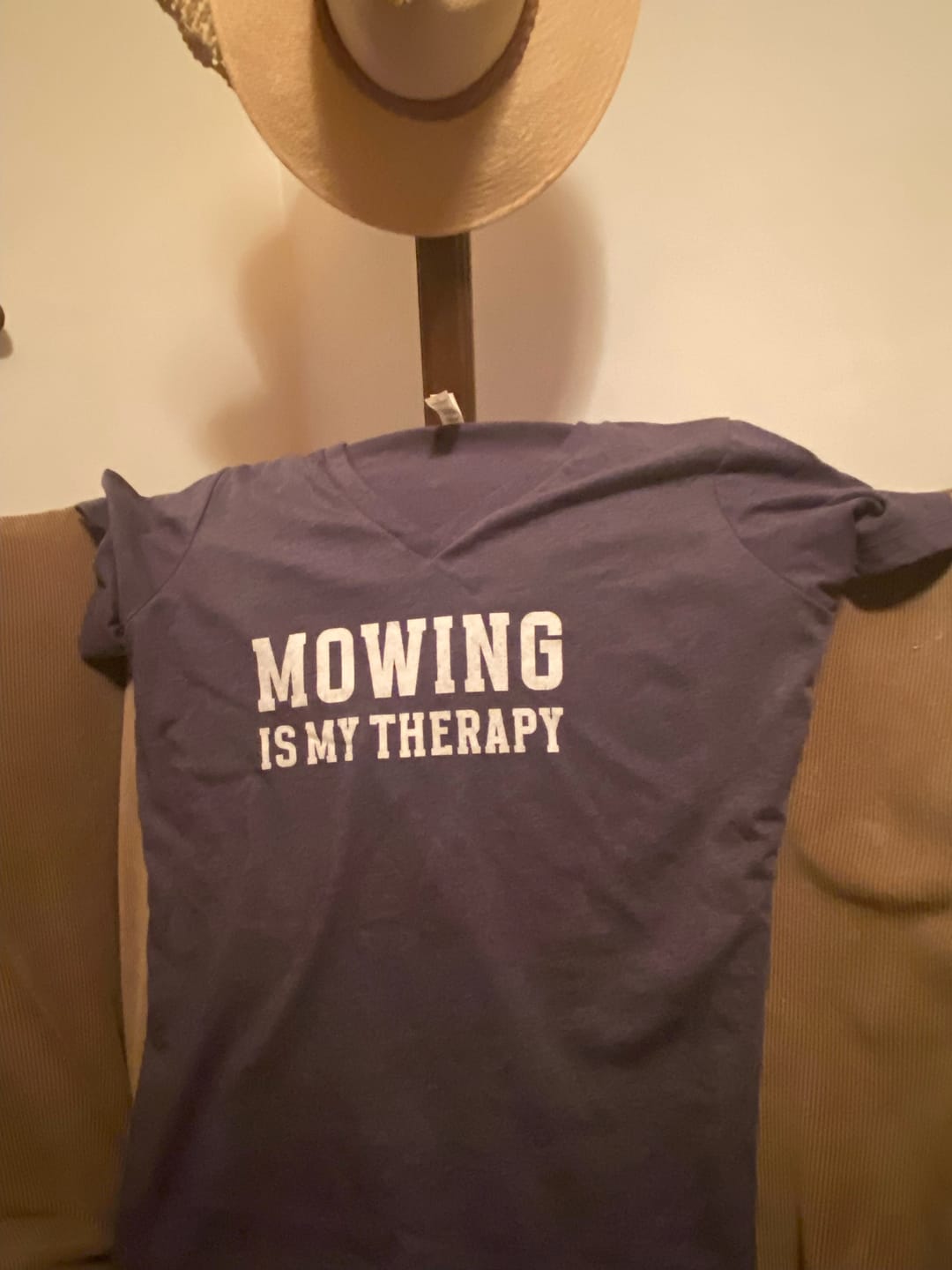 Customer photo review of Mowing Is My Therapy V-Neck T-Shirt