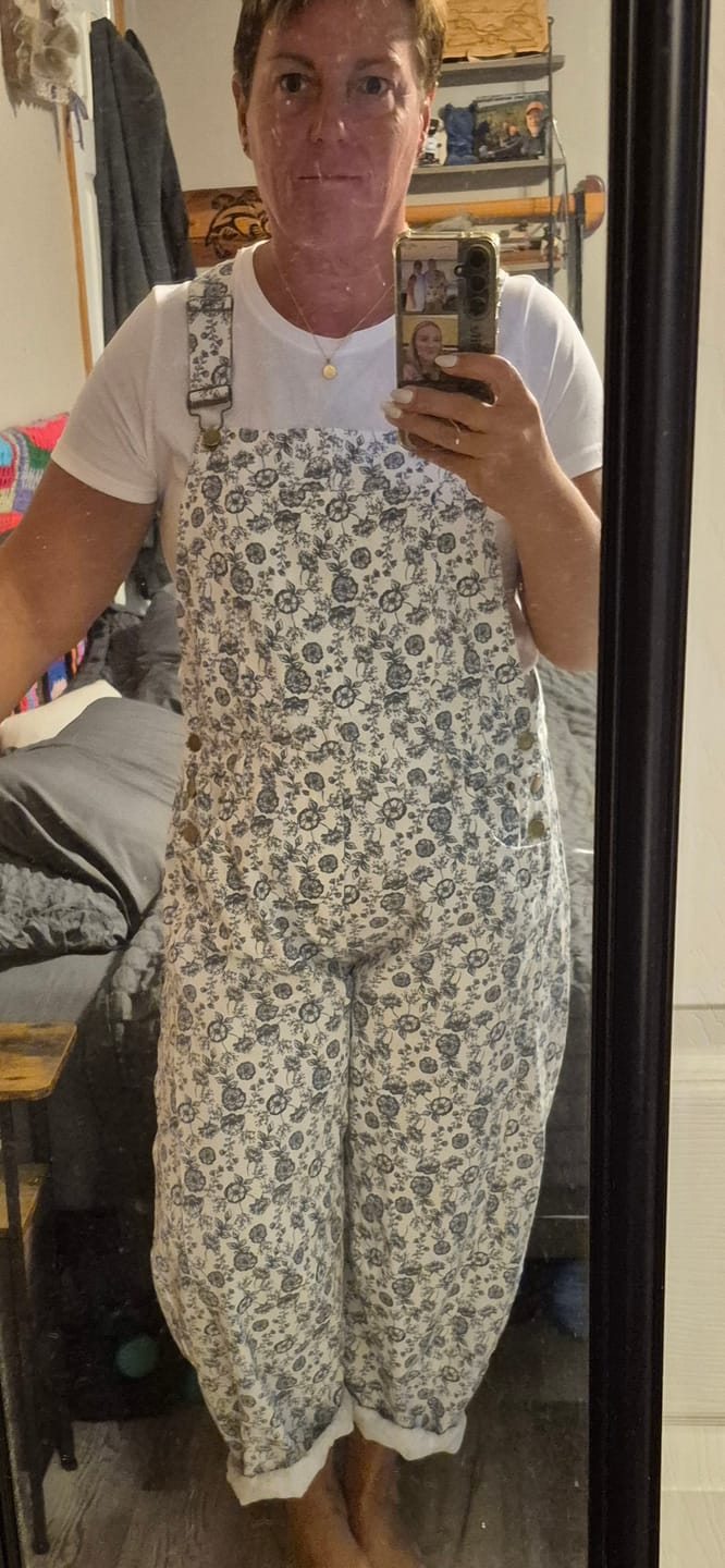Customer photo review of White & Blue Floral Print Denim Overalls With Barrel Legs