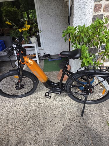 Customer's orange Lankeleisi MG600 Lite electric trekking bike parked on a patio next to a potted plant.