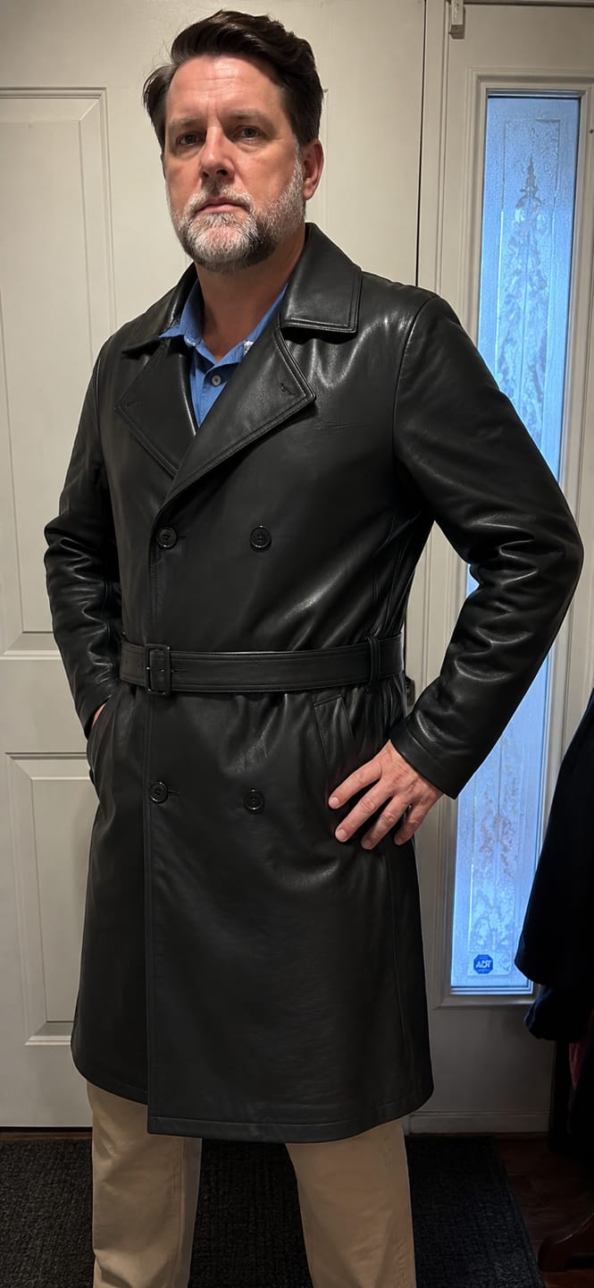 Customer photo review of Cipher Black Single-Breasted Leather Trench Coat For Men
