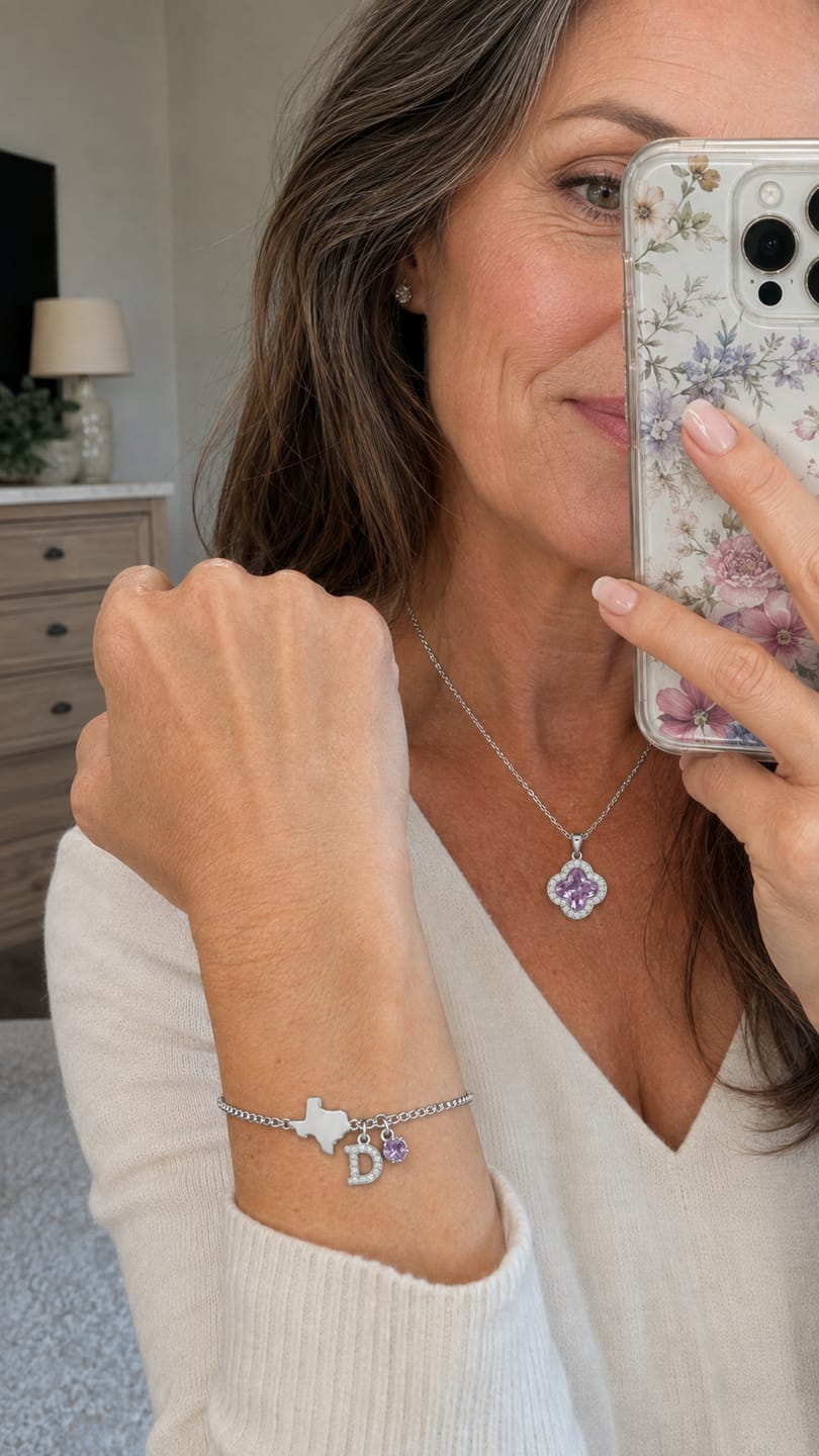Customer photo review of Exclusive Texas initials birthstone Bracelet & FREE! Birthstone Clover Necklace.
