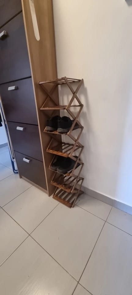 Customer photo review of Foldable Bamboo Shoe Rack with Two-to-Nine-Tier Options