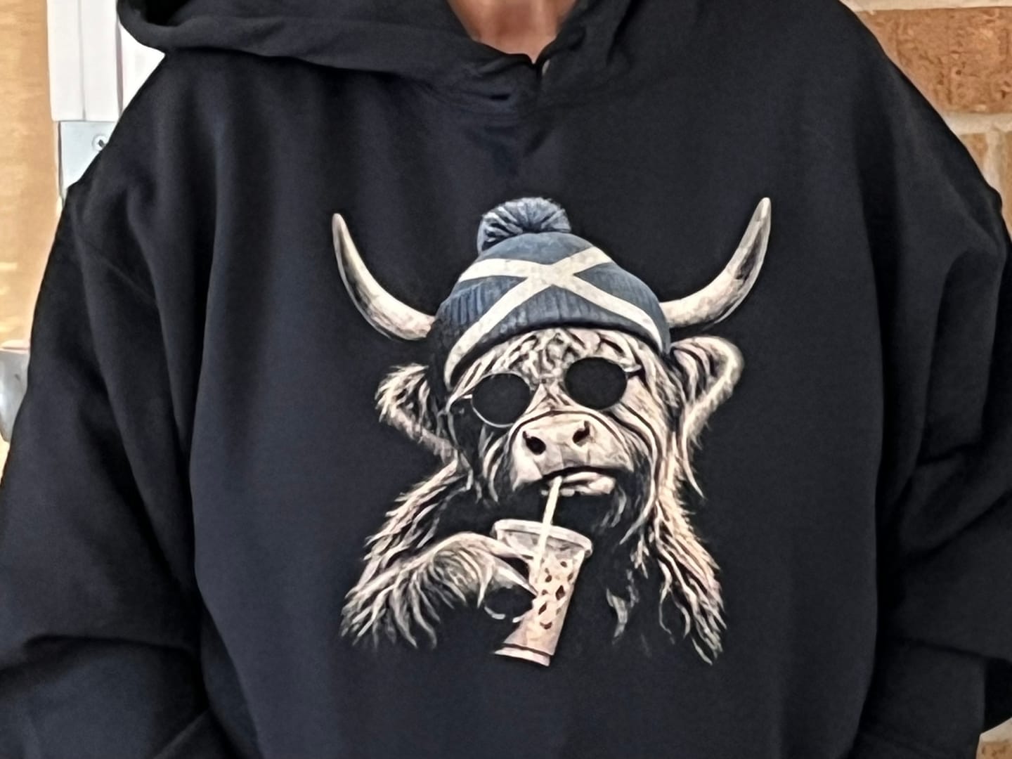 Customer photo review of Highland Cow Beanie Hoodie