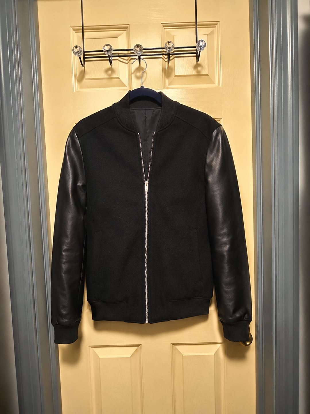 Customer photo review of Pistol Black Wool Leather Bomber Jacket For Men
