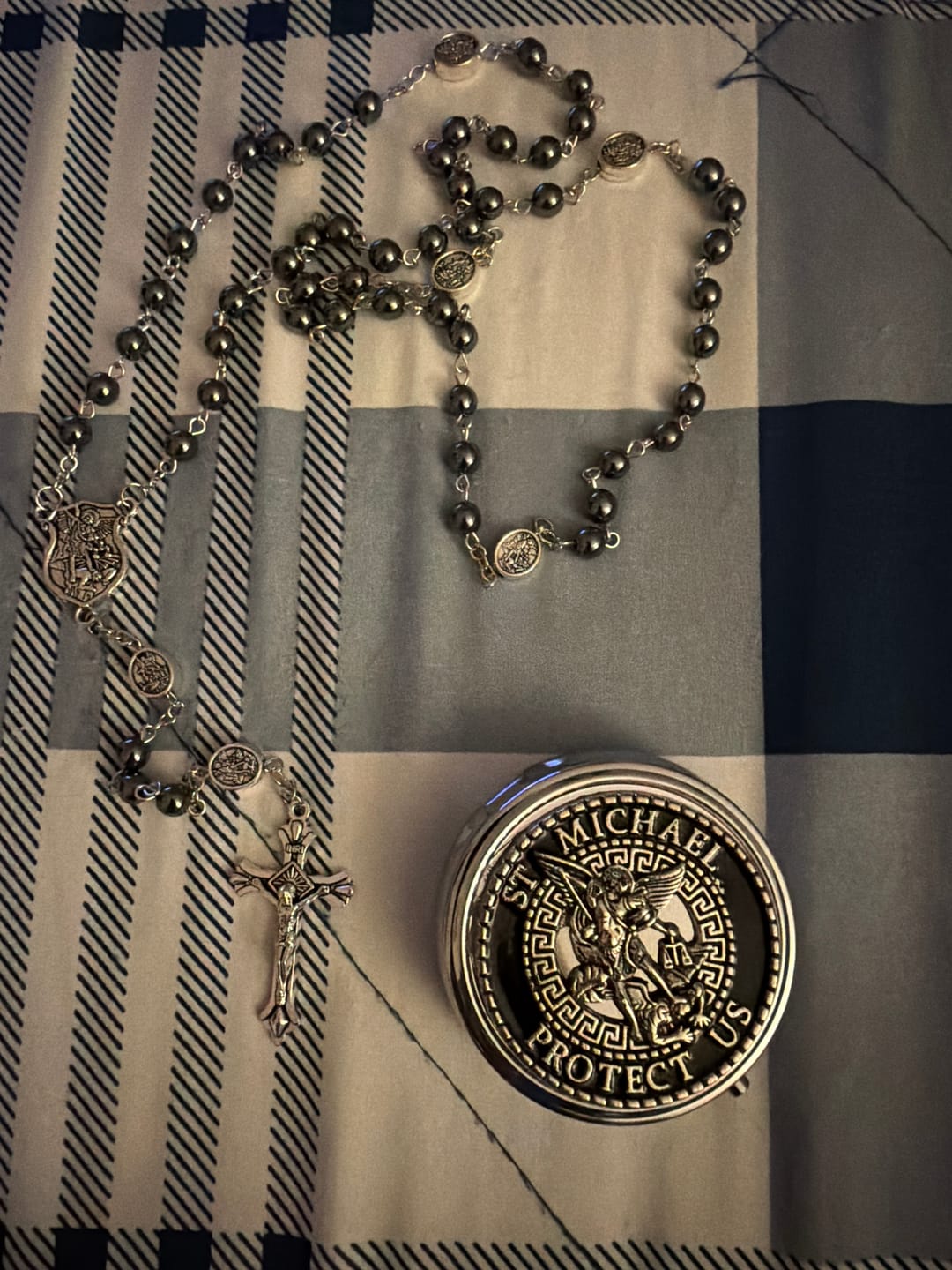 Customer photo review of FREE Today: Silver or Blue Rosary with Antique Silver Archangel Medal and Matching Engraved Round Box