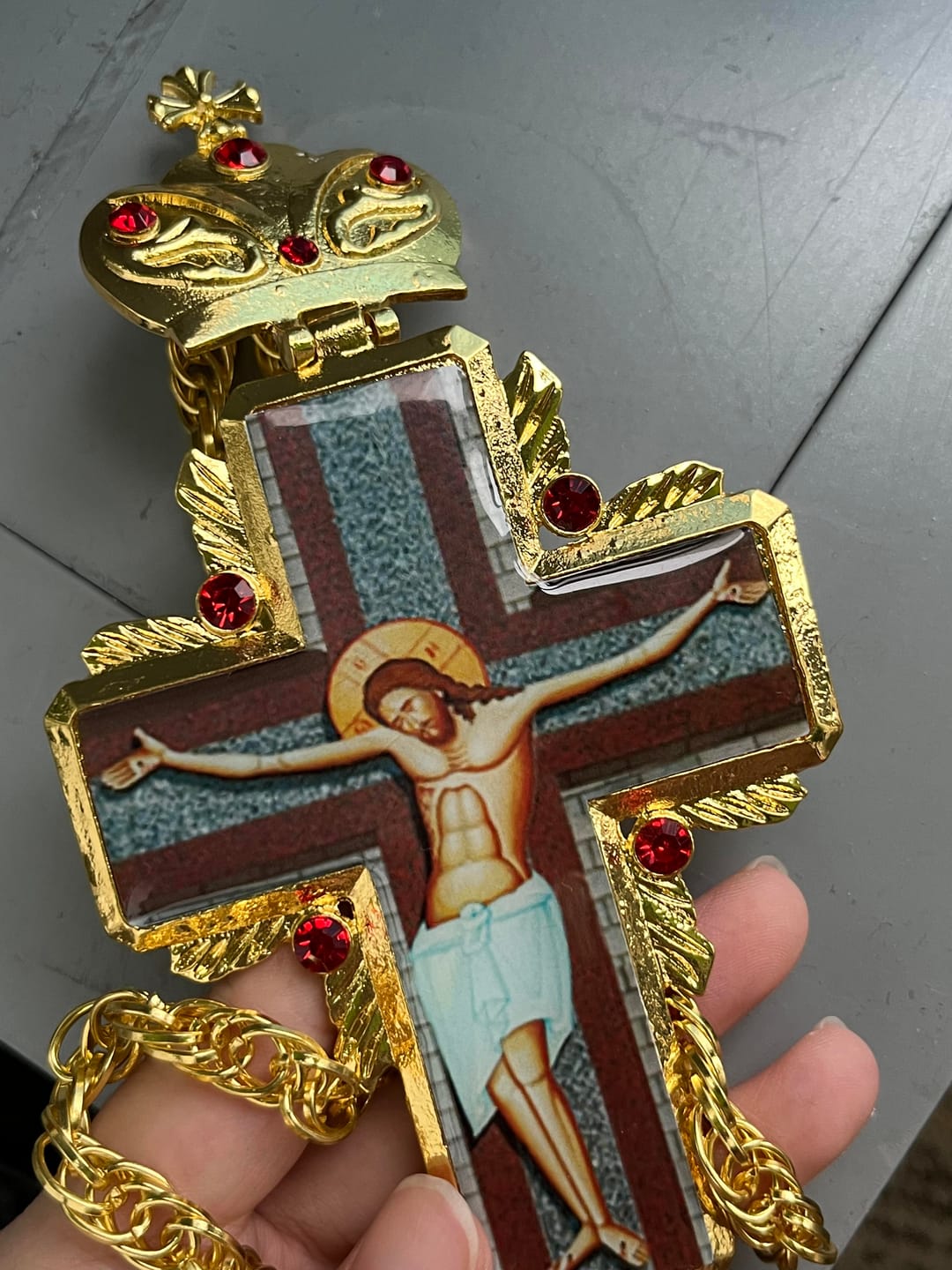 Customer photo review of SolaceBeads Golden Ornate Pectoral Cross: Sacred Icon Crucifix with Gold Tone & Red Crystal Accents