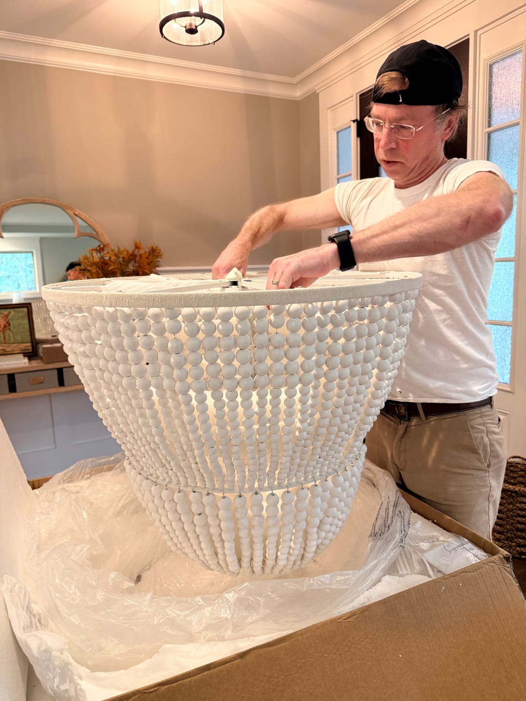 Customer photo review of Boho-style Dual-tier Cascading Washed White Wood Beads Chandelier
