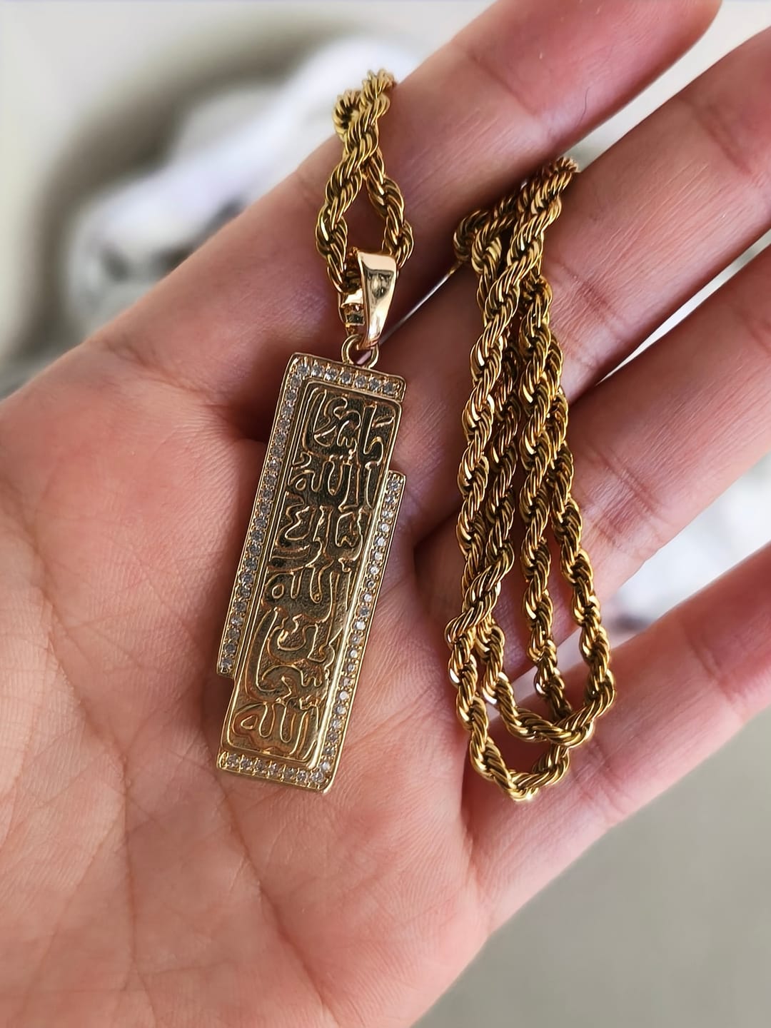 Customer photo review of HilalHaven Asymmetric Seal Shahada Calligraphic Bar Statement Necklace