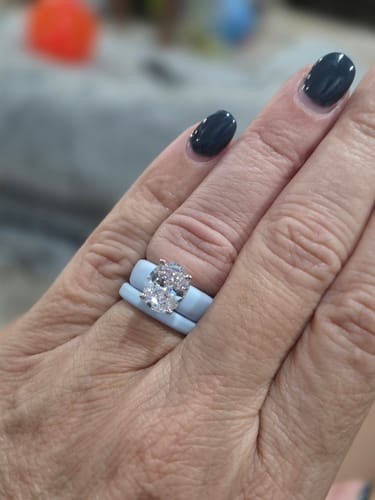 Customer's Silicone Ring with an oval-cut stone worn on a finger, featuring a light blue band.