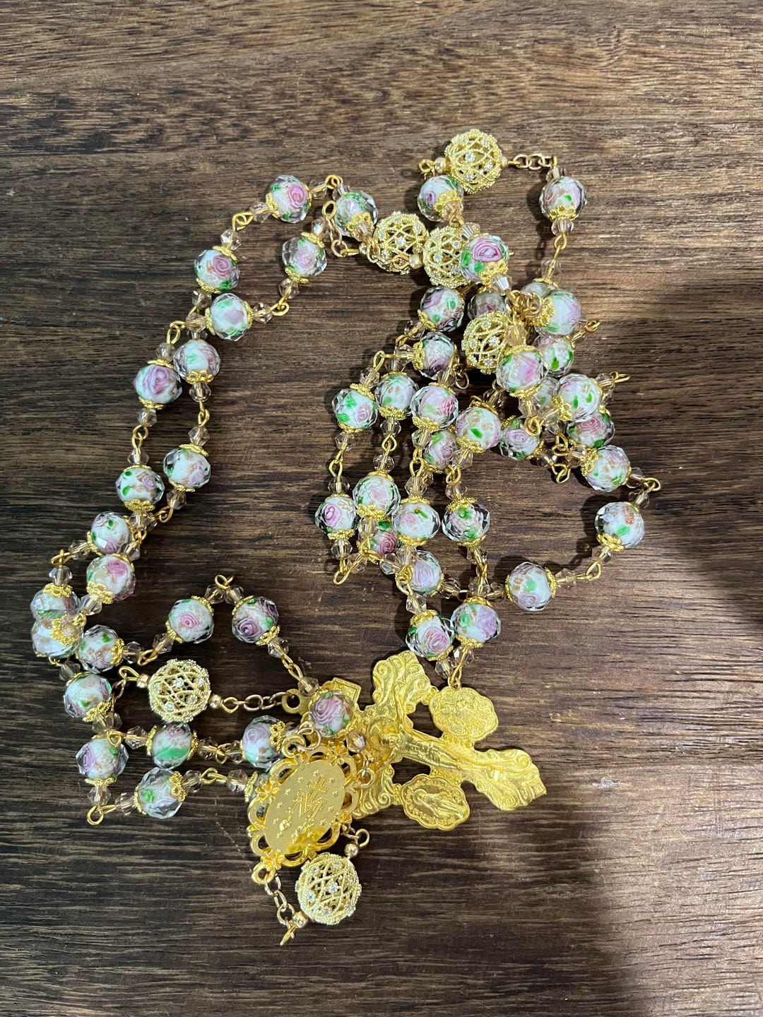 Customer photo review of SolaceBeads White Floral Lampwork Glass Rosary: Grace With Gold Filigree & Miraculous Medal