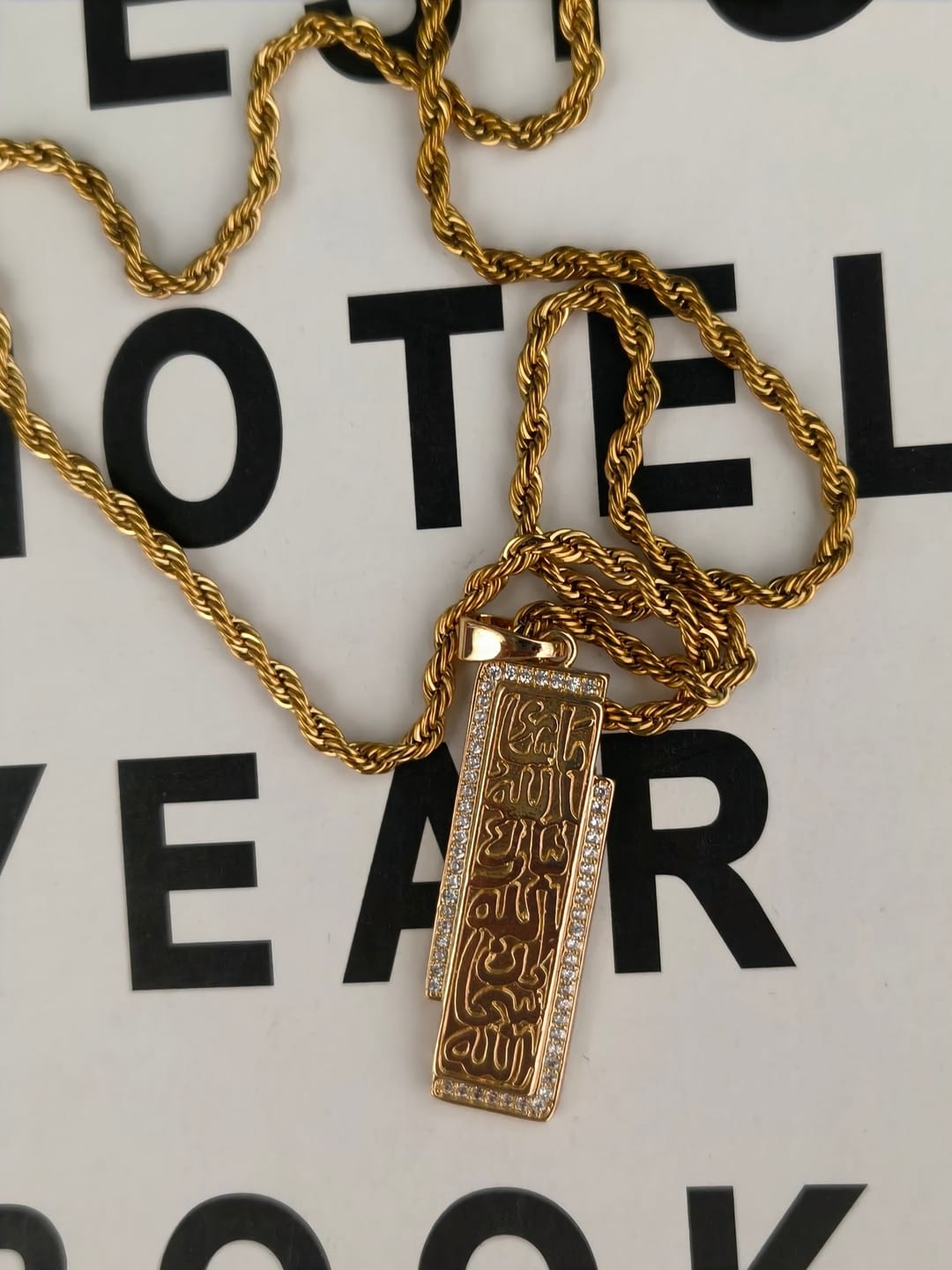 Customer photo review of HilalHaven Asymmetric Seal Shahada Calligraphic Bar Statement Necklace