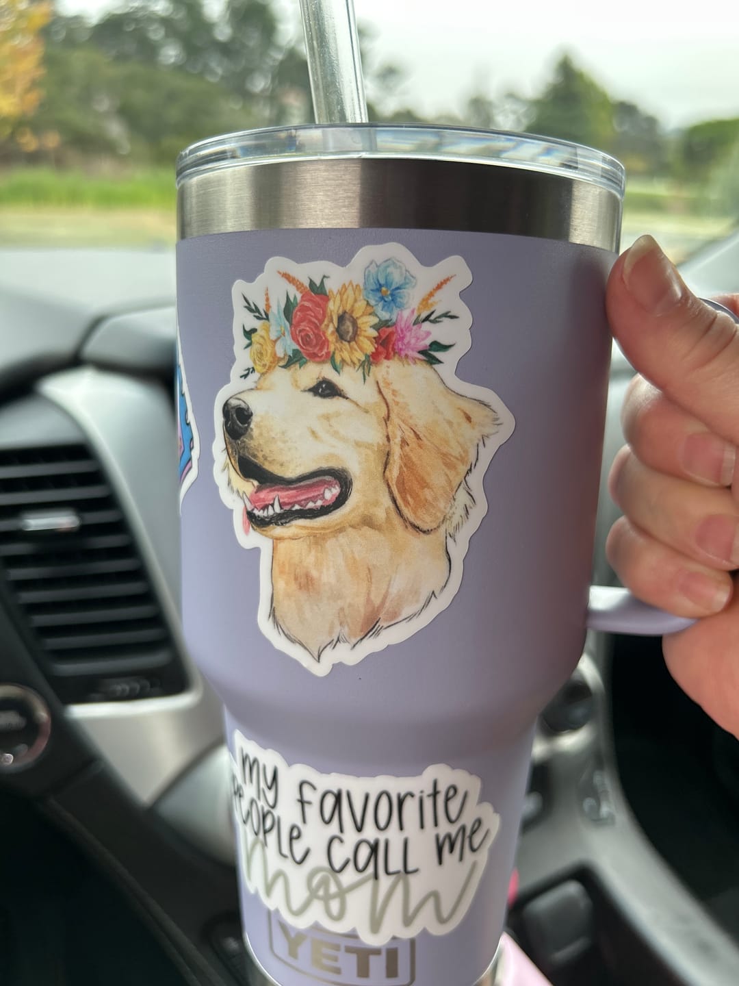 Customer photo review of Flower crown golden retriever sticker