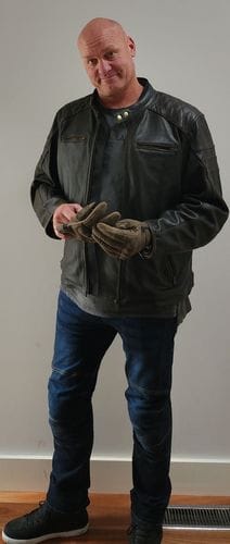Customer photo review of 'ol Bobber' | Classic Leather Motorbike Jacket | Distressed Charcoal Brown Full Grain Leather