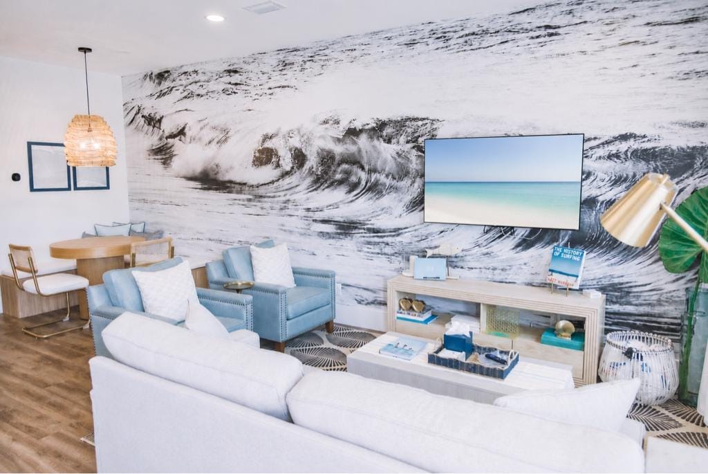 Customer photo review of Ocean Wave Wallpaper. Black and White Surf Theme Wall Mural. #6709
