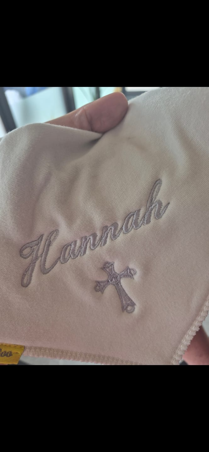 Customer photo review of Name & Cross organic cotton Christening bib