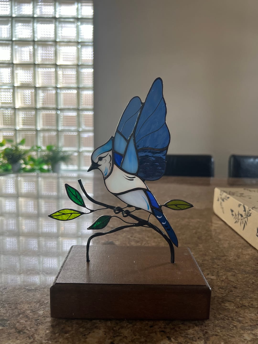 Customer photo review of Blue Jay on the Wooden Stand - Stained Glass Panel