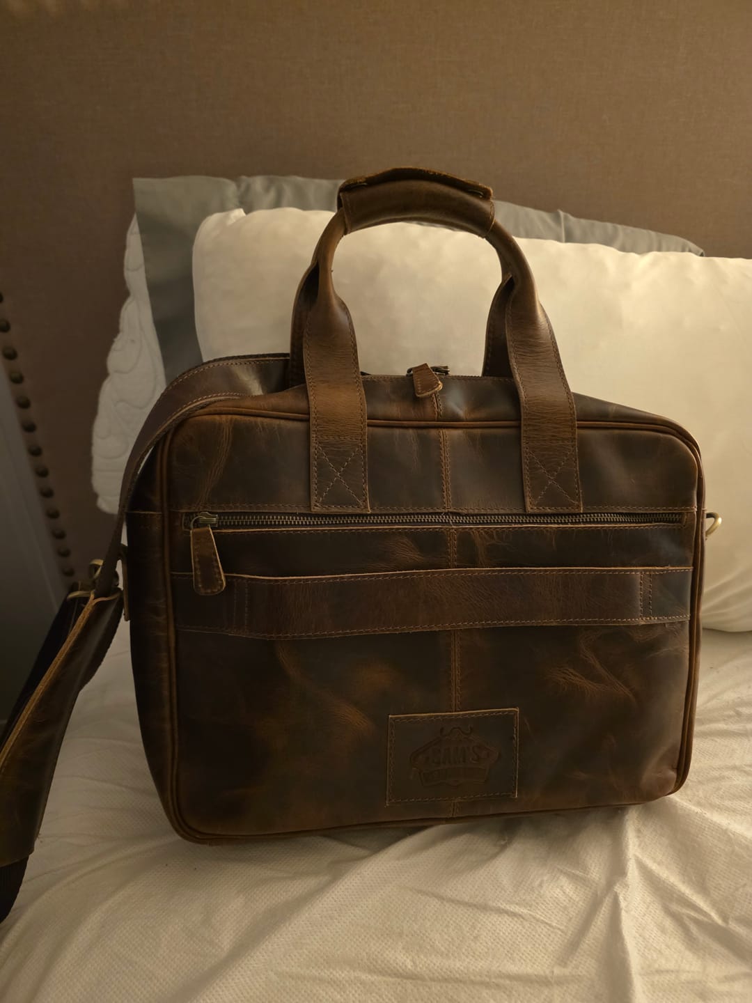 Customer photo review of Buffalo Leather Laptop Briefcase (Serene Caramel)