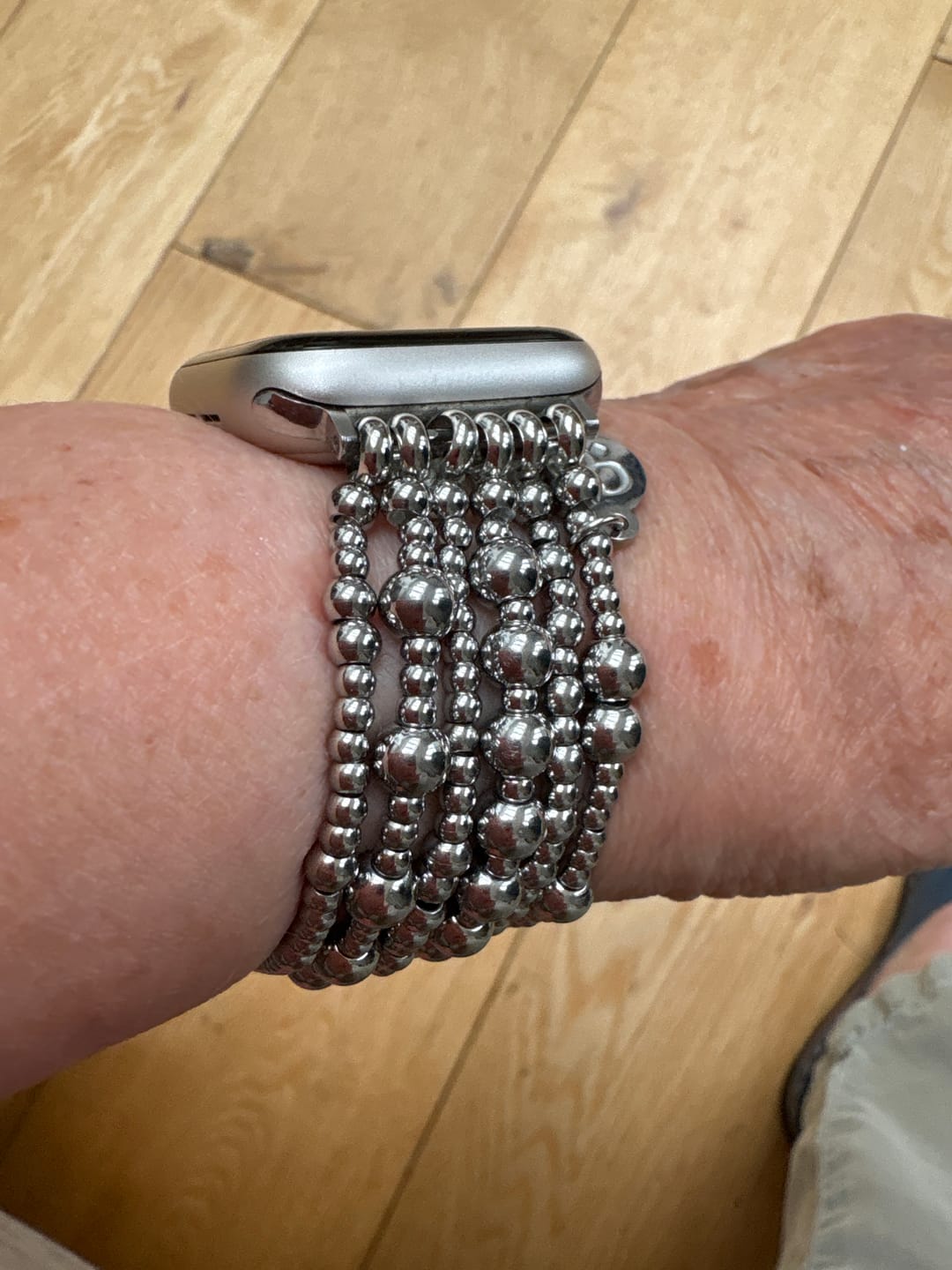 Customer photo review of Platinum Demure Stretch Apple Watch Strap