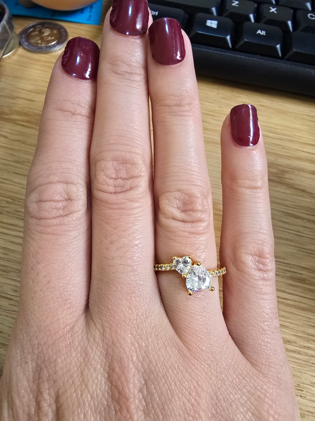 Customer photo review of ANILLO PROMESA PANDORA DORADO DOBLE CORAZON PLATA .925