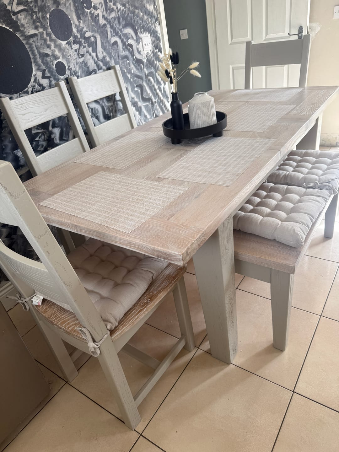 Customer photo review of Calgary Oak 1.4m Ext Dining Set painted Oyster with a Ciffa Finish