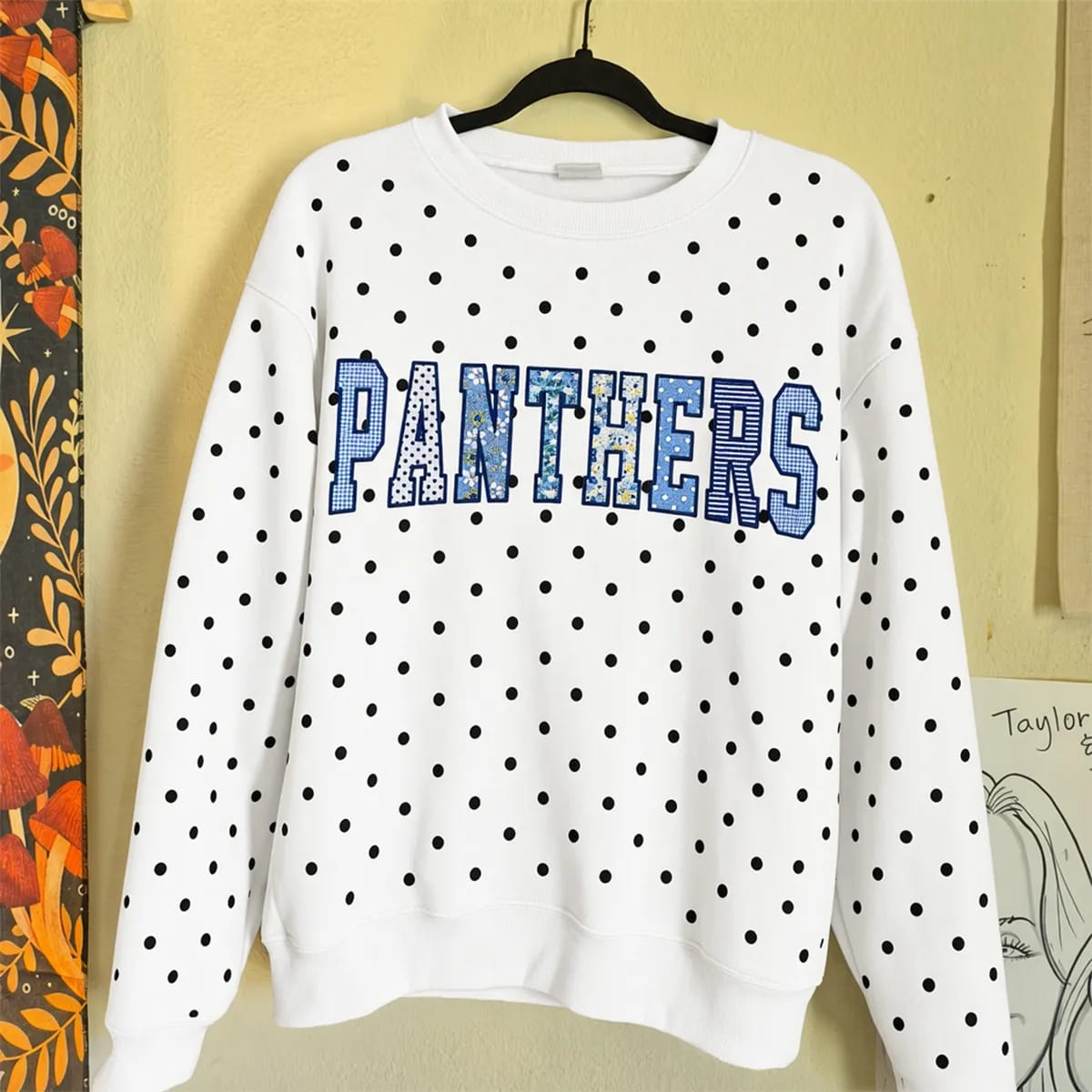 Customer photo review of Custom Patchwork Fabric Embroidered Polka Dot Sweatshirt Team and School Name Applique Varsity Letters | Game Day Wear