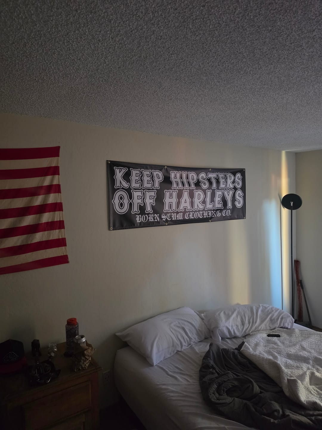 Customer photo review of KEEP HIPSTERS OFF HARLEYS BANNER