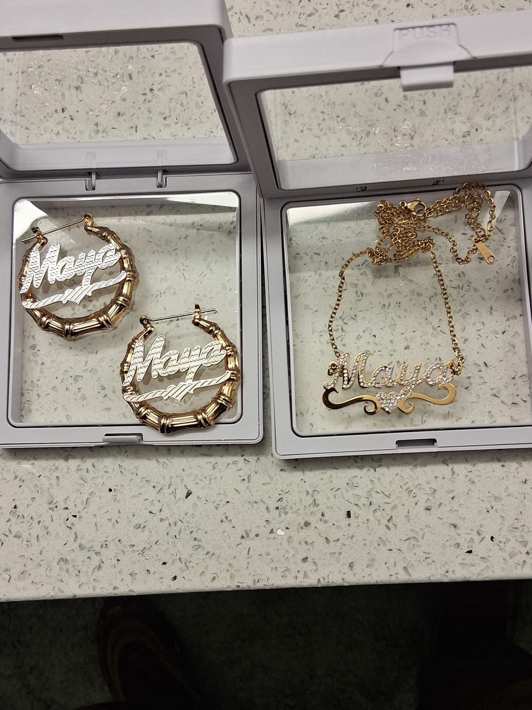 Customer photo review of Double Plated Bamboo Name Hoop Earrings