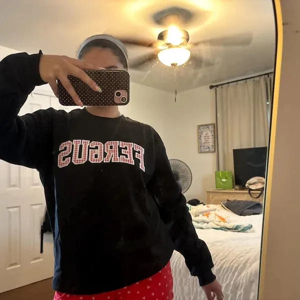 Customer photo review of Custom Patchwork Fabric Embroidered Sweatshirt Team and School Name Applique Varsity Letters