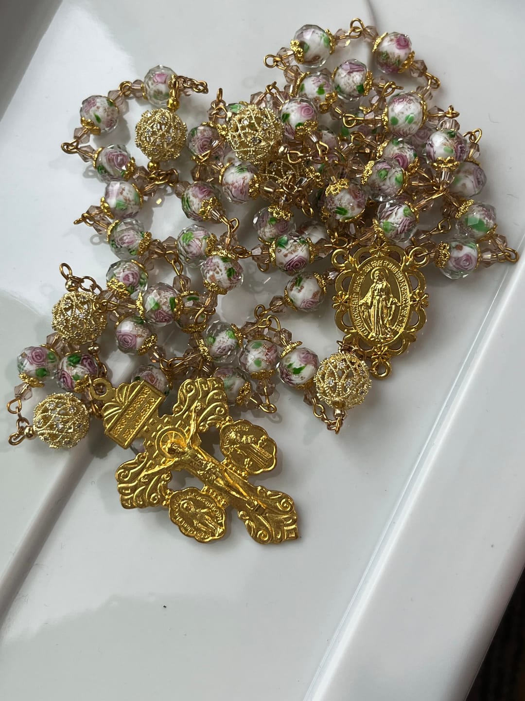 Customer photo review of SolaceBeads White Floral Lampwork Glass Rosary: Grace With Gold Filigree & Miraculous Medal
