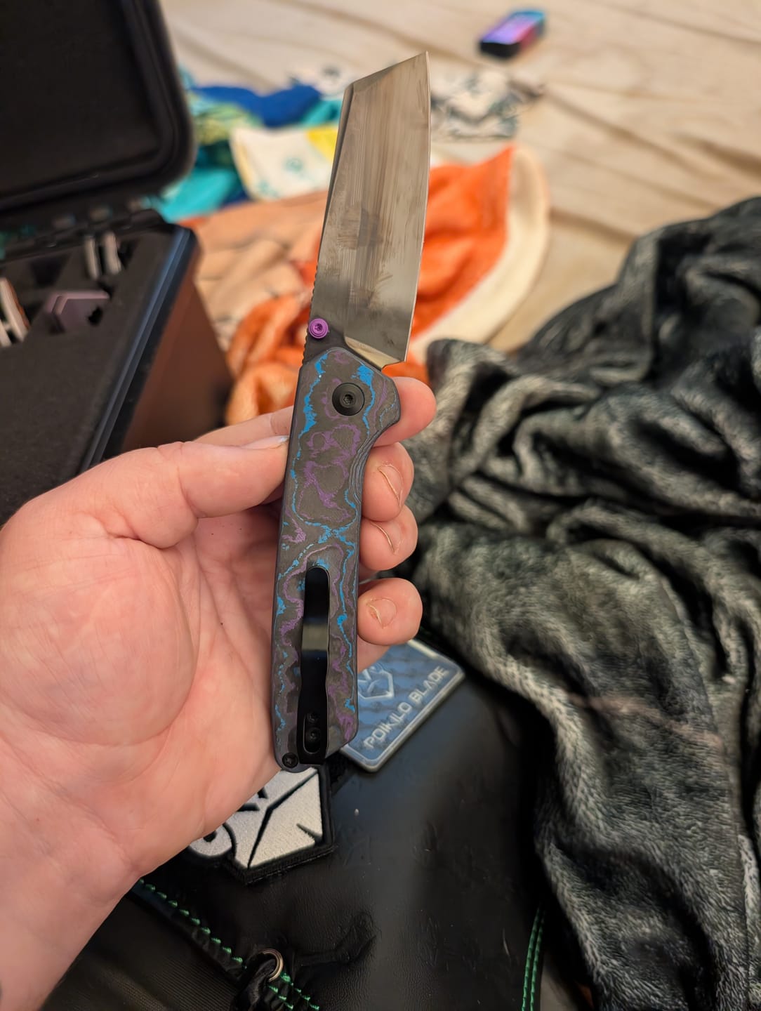 Customer photo review of Kizer Madrac Button Liner Lock Camo Carbon Mirror DLC S45VN BLADE DISTRICT EXCLUSIVE