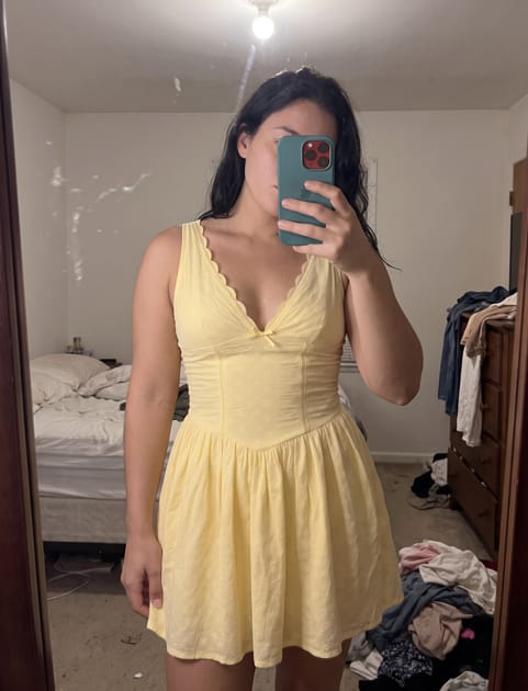 Customer photo review of Marabelle Eyelet Fit-and-Flare Mini Dress