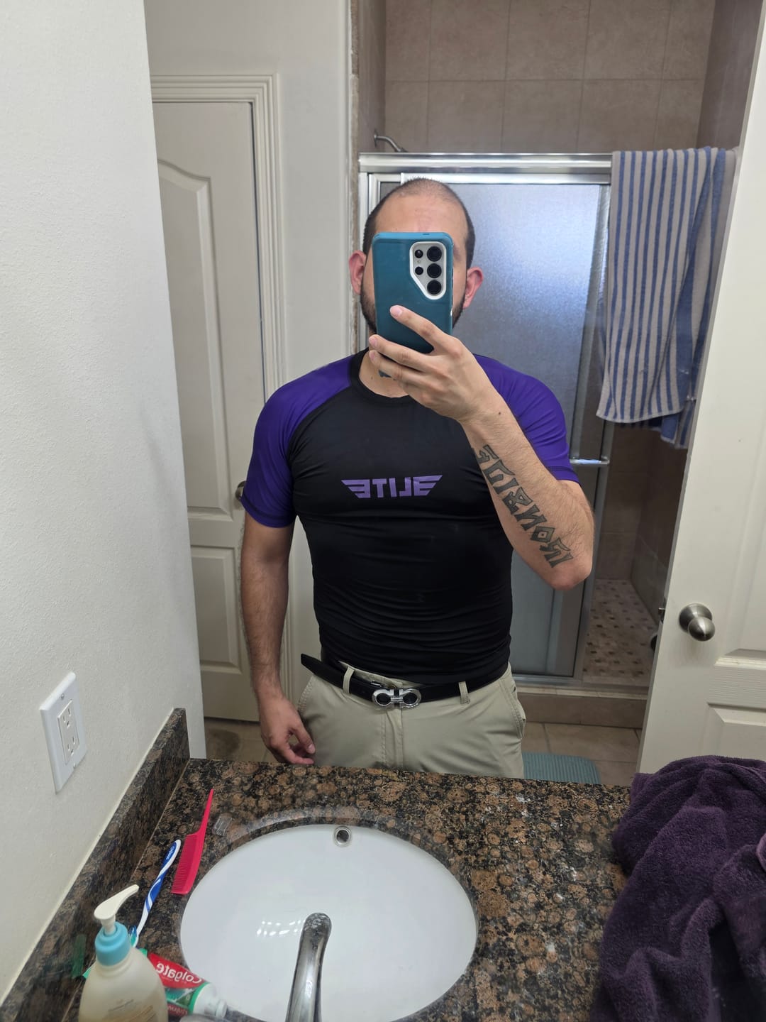 Customer photo review of Standard Purple Short Sleeve No-Gi Mens BJJ Rash Guard