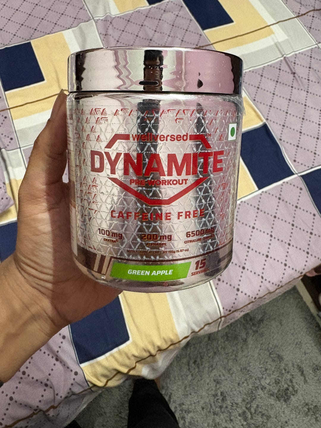 Customer photo review of Dynamite Pre-Workout Caffeine Free (195g, 15 Servs) | Green Apple