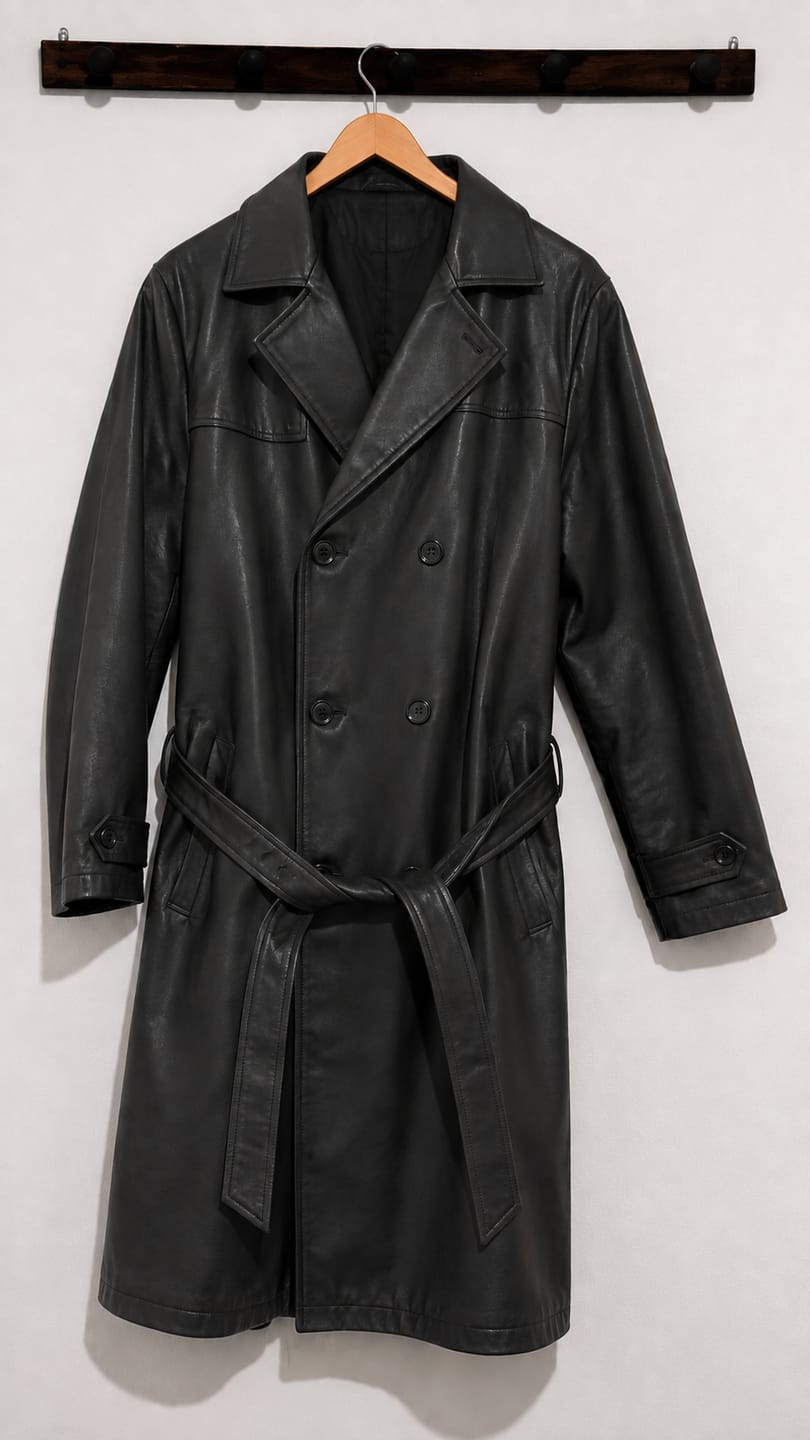 Customer photo review of Cipher Black Single-Breasted Leather Trench Coat For Men