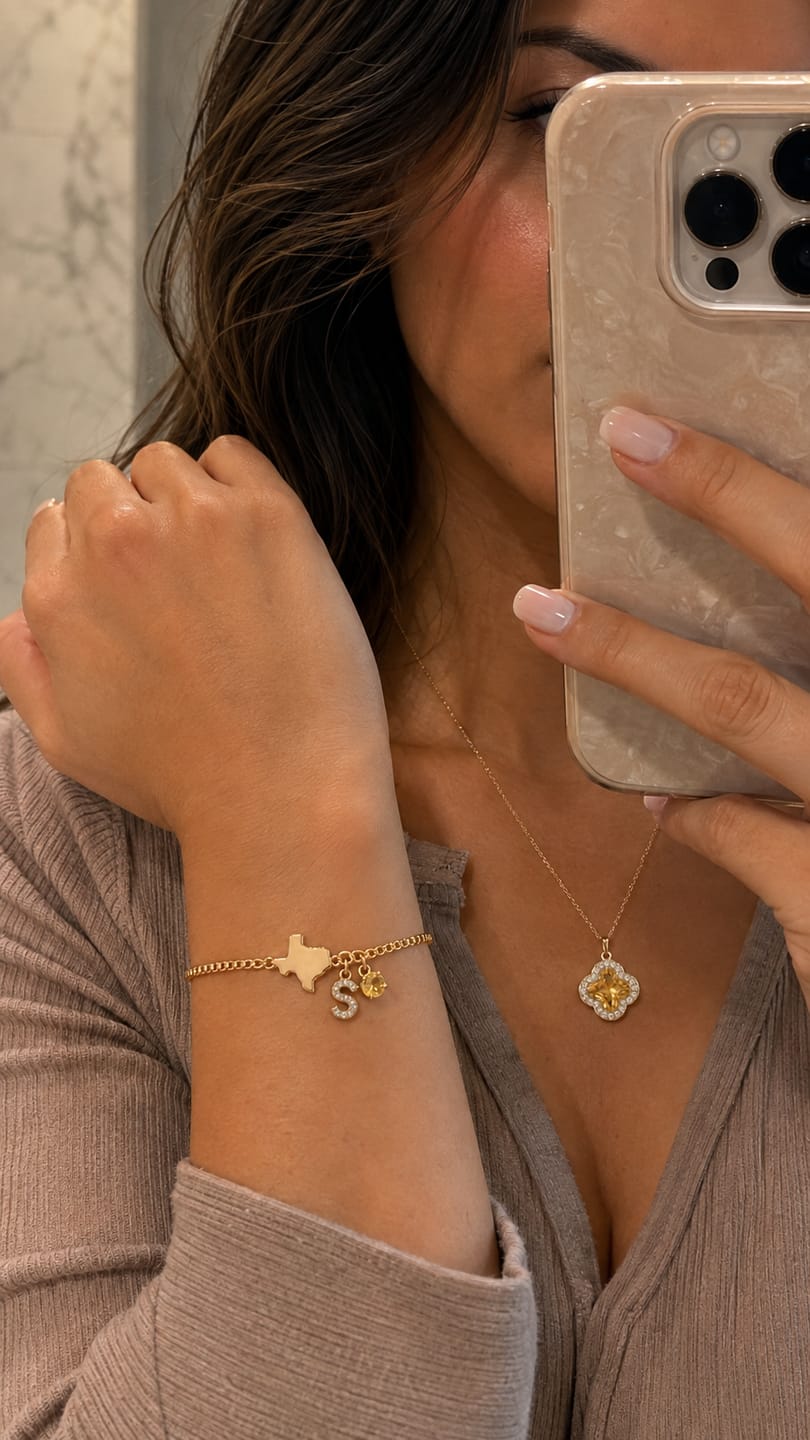 Customer photo review of Exclusive Texas initials birthstone Bracelet & FREE! Birthstone Clover Necklace.