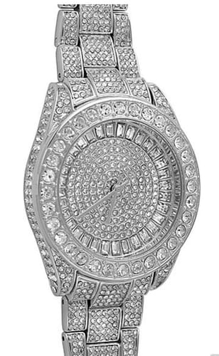 Reviewer's Rhodium Big Face Iced Out Watch showing detailed crystal dial and band
