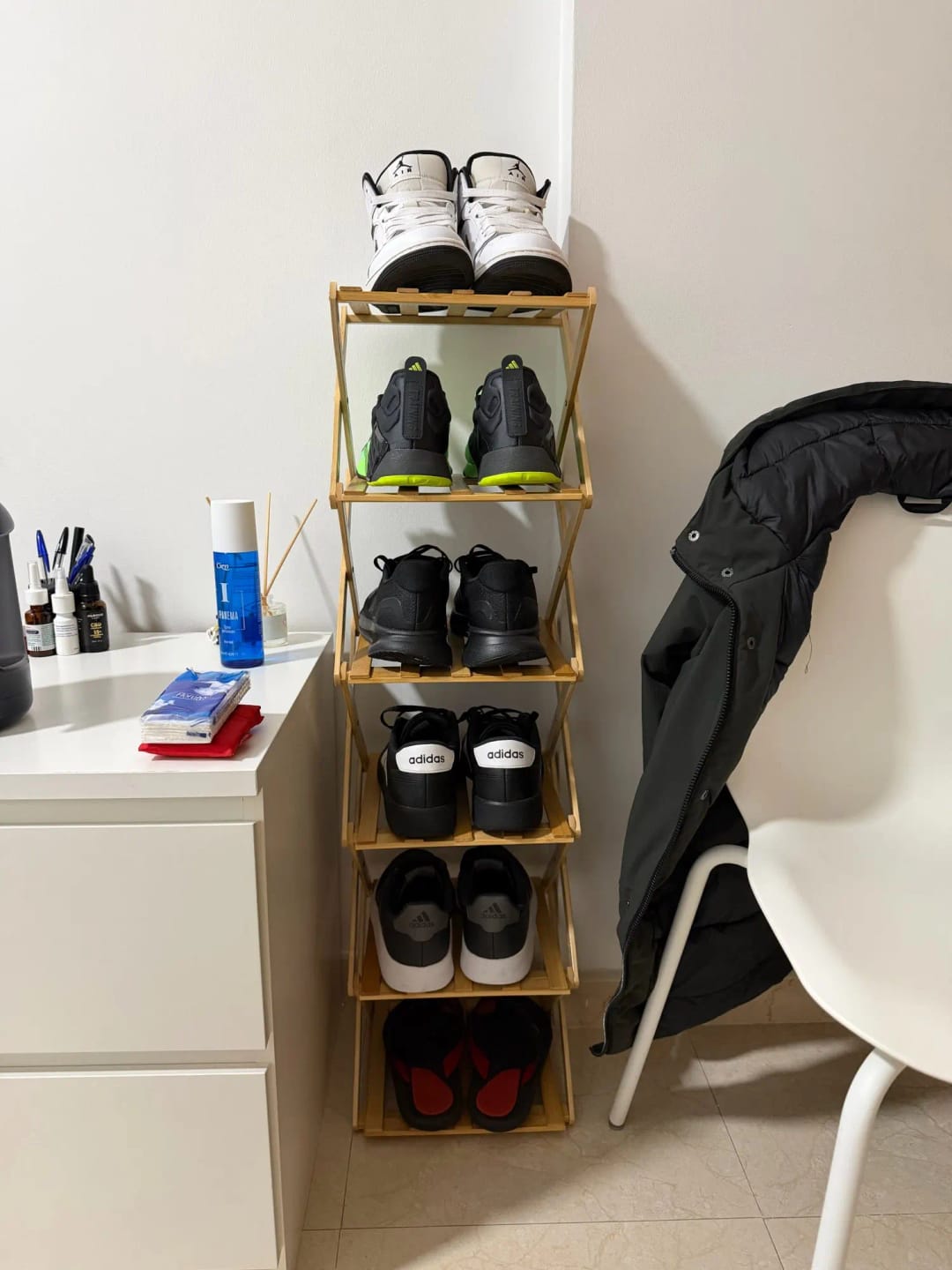 Customer photo review of Foldable Bamboo Shoe Rack with Two-to-Nine-Tier Options