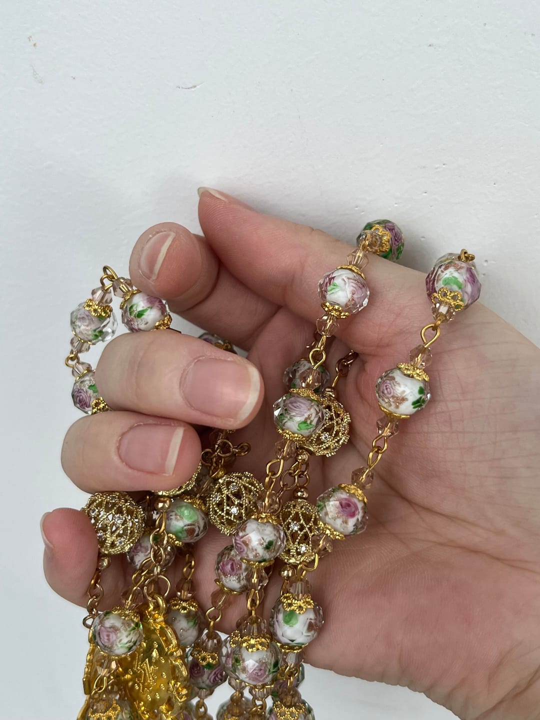 Customer photo review of SolaceBeads White Floral Lampwork Glass Rosary: Grace With Gold Filigree & Miraculous Medal