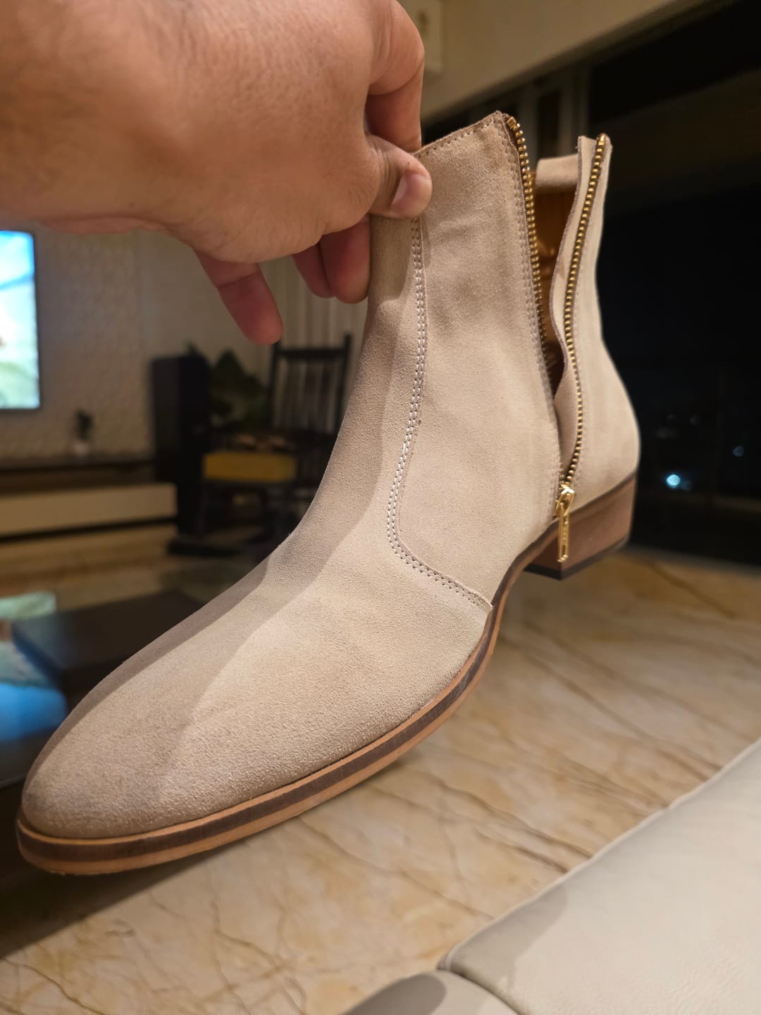 Customer photo review of Cuban Zipper Boots - Light Beige Suede
