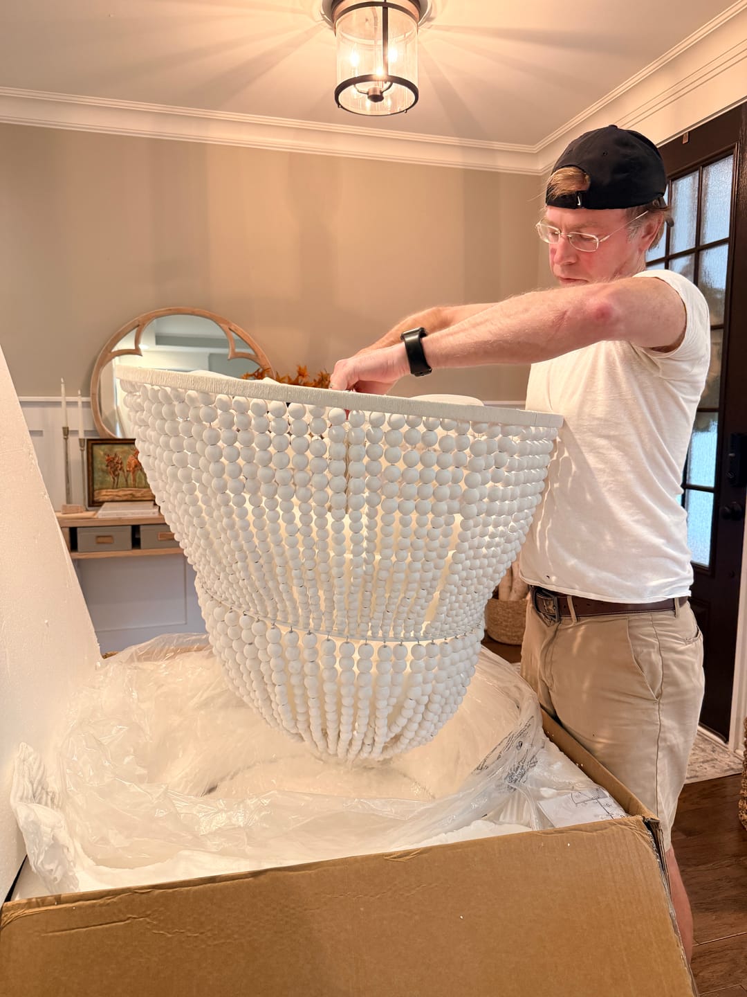 Customer photo review of Boho-style Dual-tier Cascading Washed White Wood Beads Chandelier