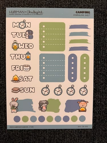 Reviewer's Happy Camper Days and Date Covers sticker sheet featuring camping themed designs and checklists.