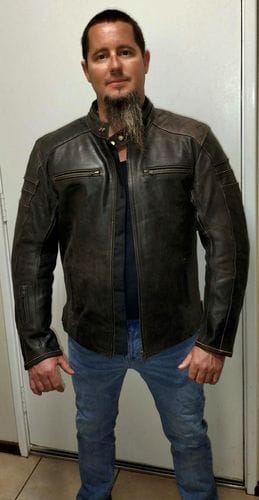 Customer photo review of 'ol Bobber' | Classic Leather Motorbike Jacket | Distressed Charcoal Brown Full Grain Leather