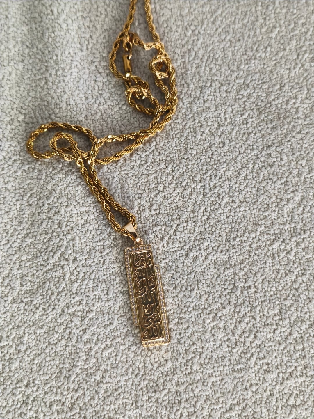 Customer photo review of HilalHaven Asymmetric Seal Shahada Calligraphic Bar Statement Necklace