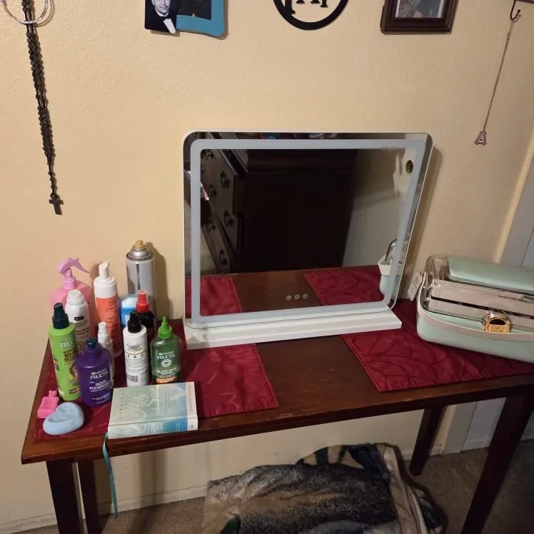 Customer photo review of JHK LED Vanity Mirror with Lights, Aluminum Frame, Dimmable 3 Color Modes, Memory Function